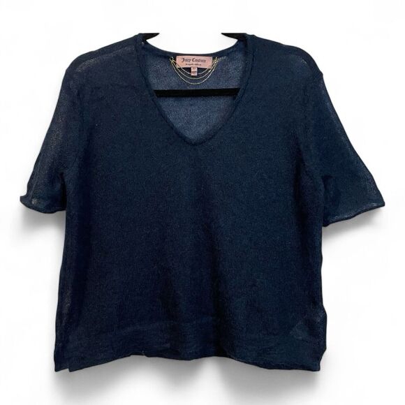 Rare JUICY COUTURE Navy Blue Mohair Wool Blend Short Sleeve Fuzzy Sweater XS‎ - Picture 1 of 4